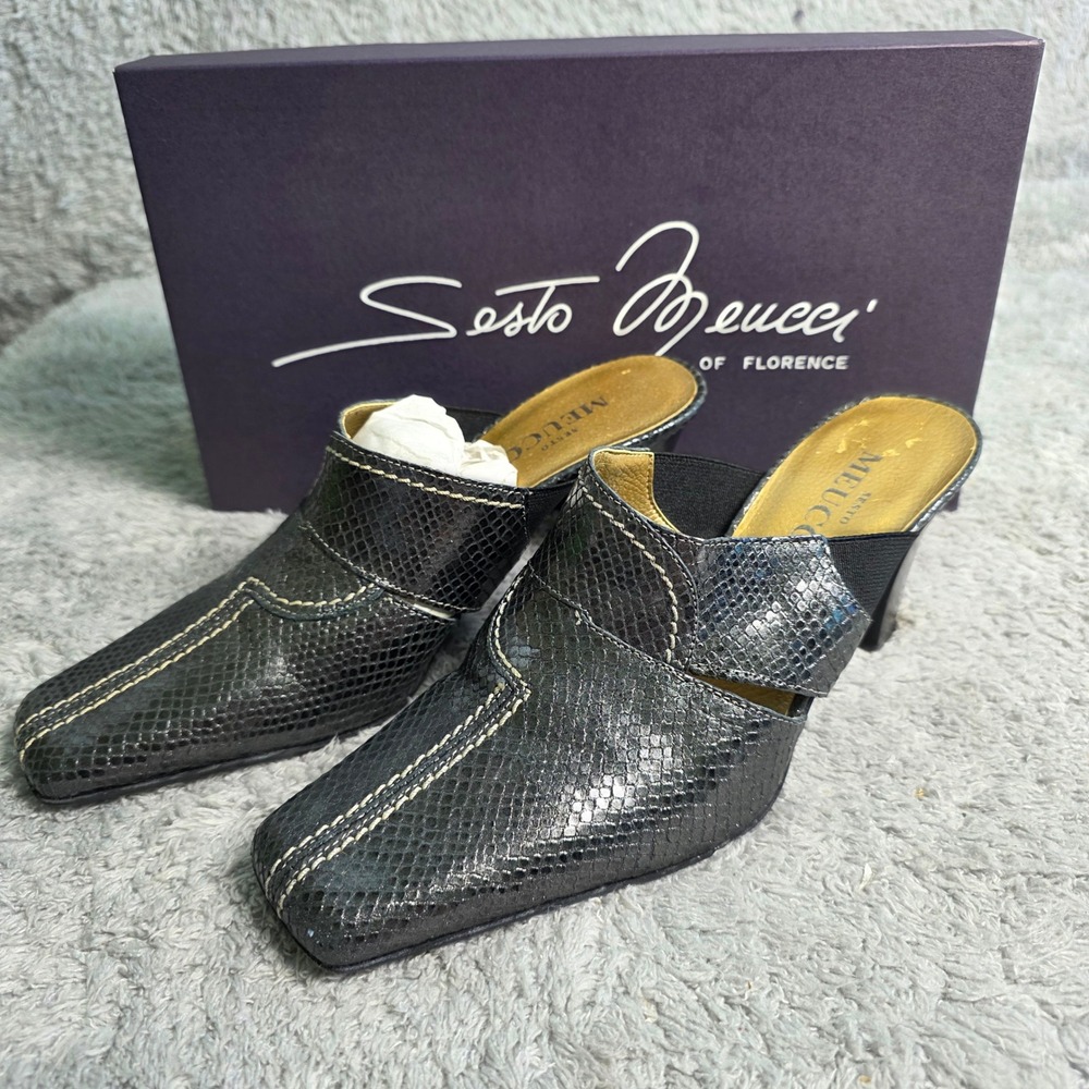VTG NEW Sesto Meucci Mule Heels 6M Black Leather‎ Italian Designer Shoes